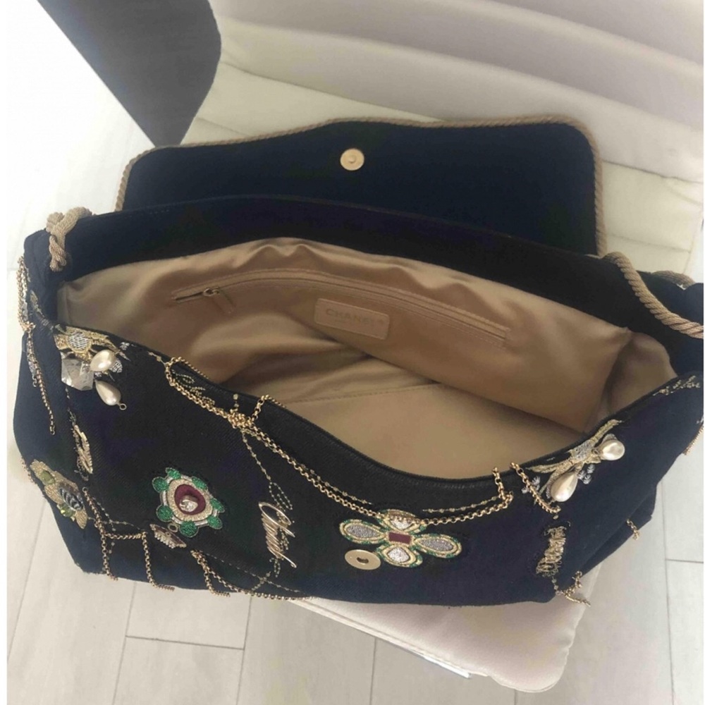 Auth CHANEL Denim Beads Pearls Jumbo Flap Bag RARE - Picture 9 of 16
